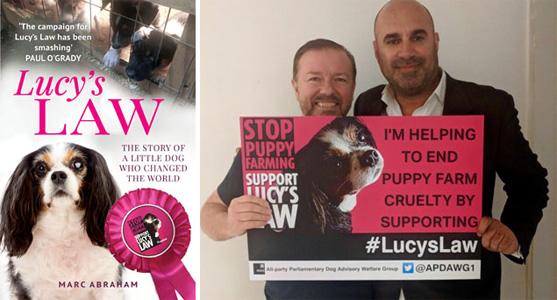 Book cover for Lucy's Law and Ricky Gervais and Marc holding a banner